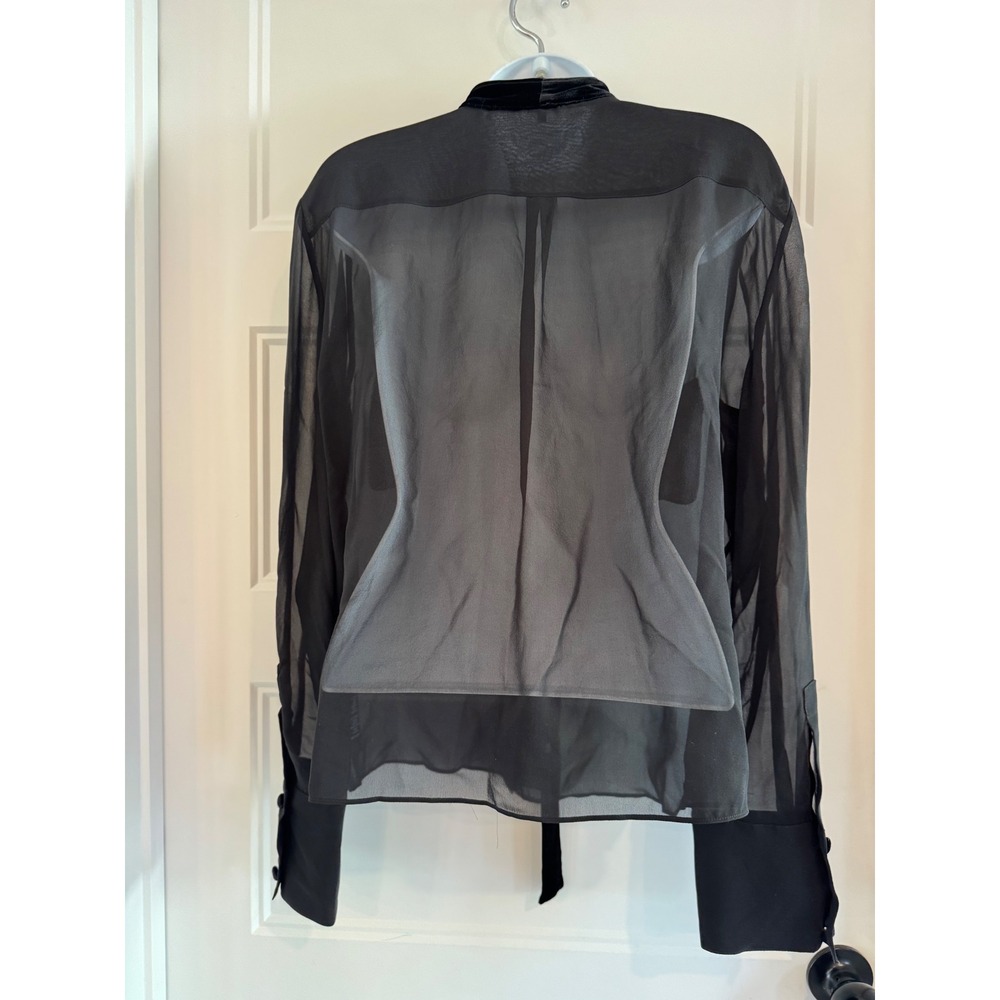 Frame Velvet Trim Modern Tie Blouse Black Sheer Silk Chiffon Small‎ - Picture 8 of 11